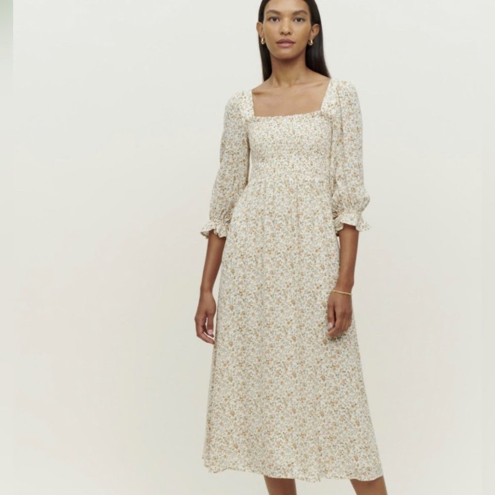 Reformation Fable Lima Floral Smocked Dress Yellow Small New